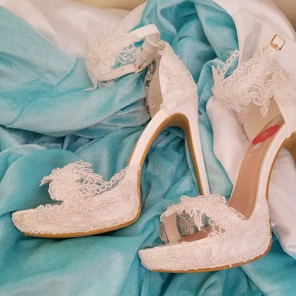 CUSTOM ORDER - White Embroidered Beaded Lace Heels
